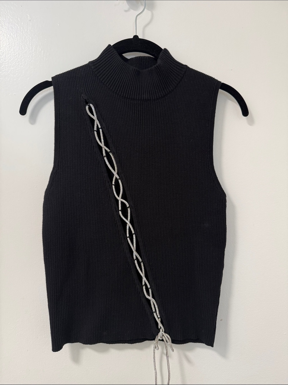 Forever 21 | Sleeveless Black Ribbed Mock Neck Top w/ Rhinestone Diagonal Cutout